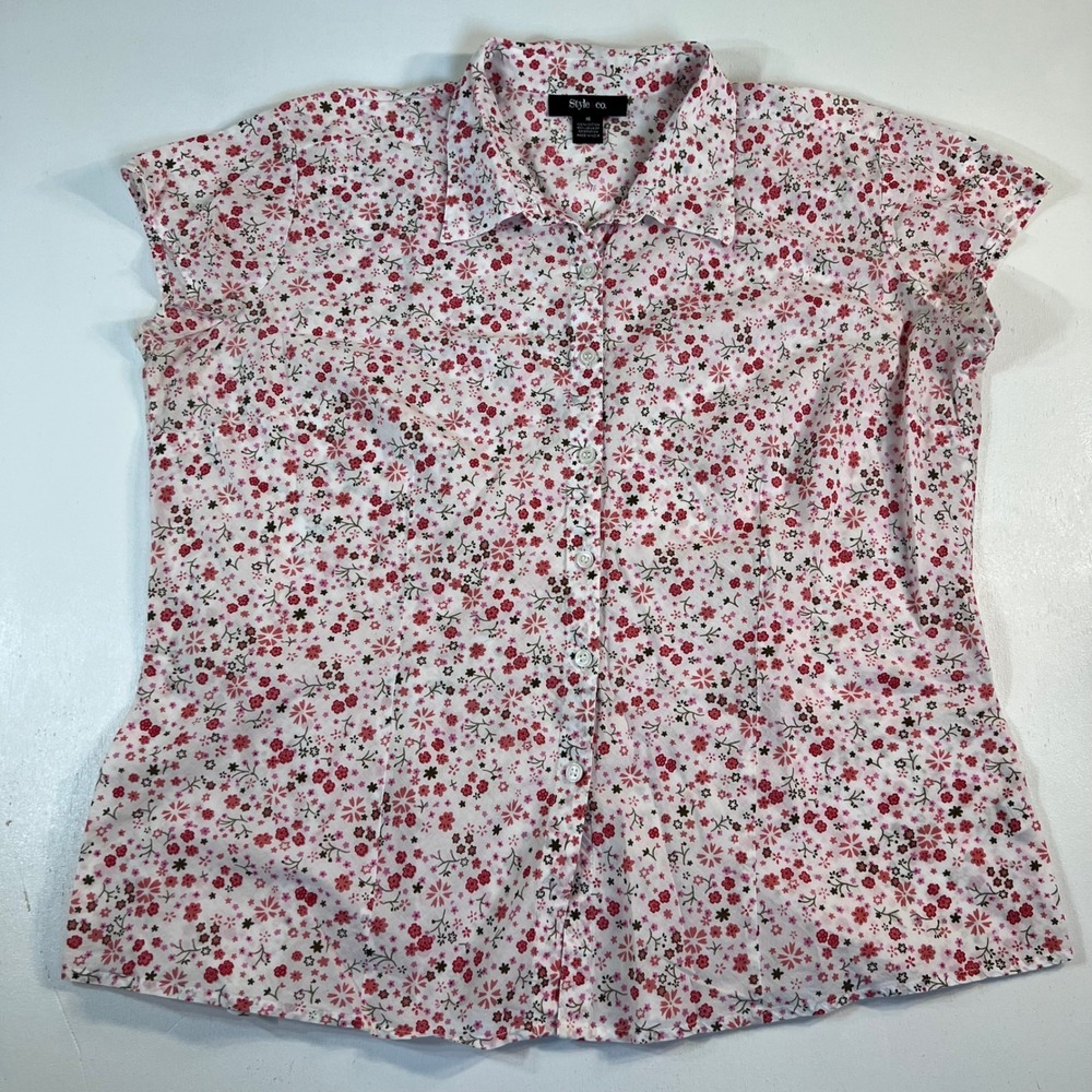 Style & Co Size 16 White Pink‎ Floral Beaded Cotton Button Front Blouse
